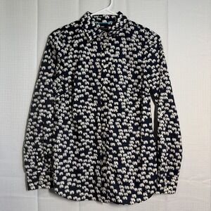 Talbots Womens Long Sleeve Button Down Shirt Navy White Elephant Print XS